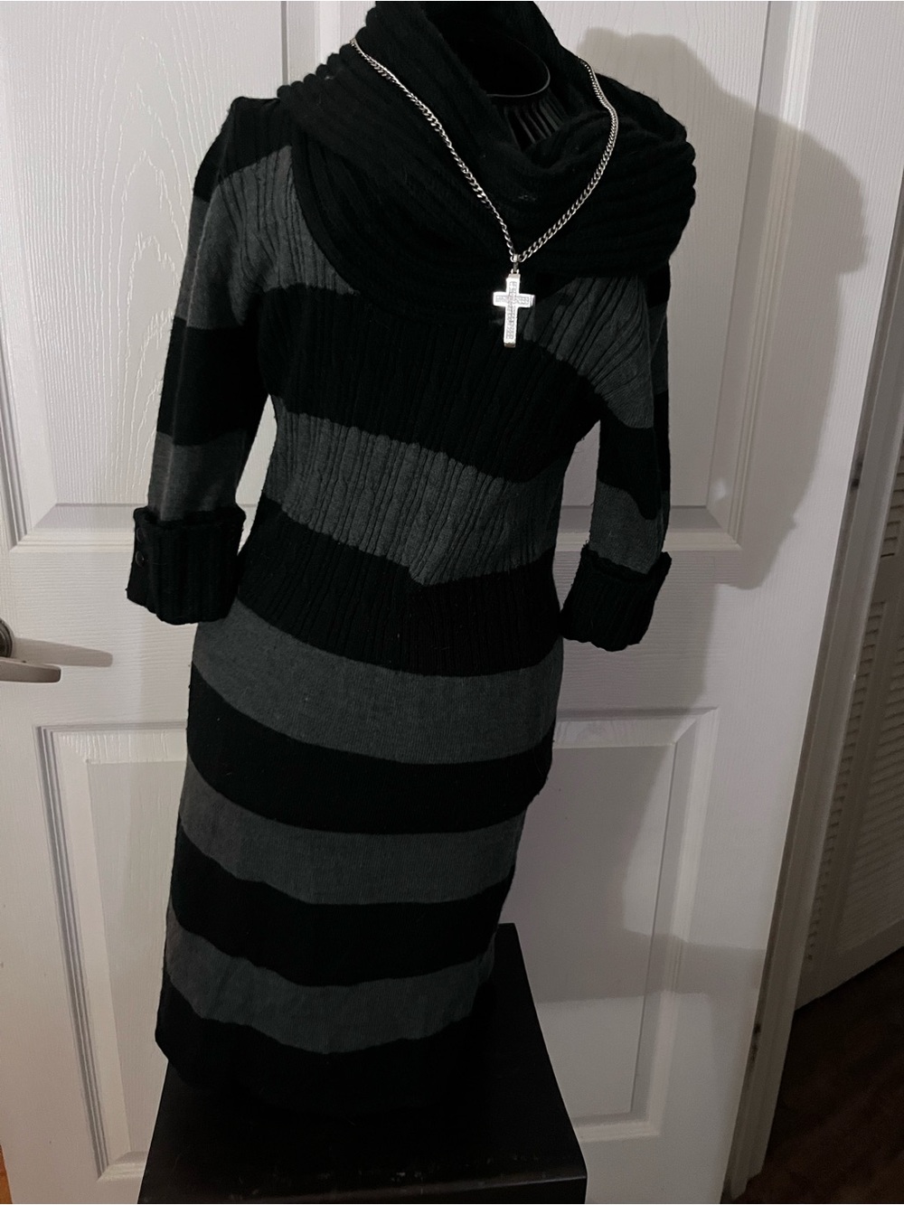 Black & Gray Striped Cowl-Neck Sweater Dress. Perfect for work or nite w friends
